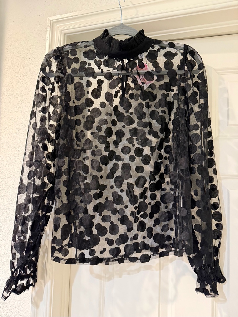 Sheer Black Polka Dot Ruffle-Neck Blouse